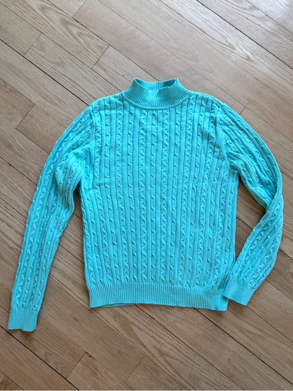 Retro Style Aqua Cable Knit Mock Neck Sweater Small